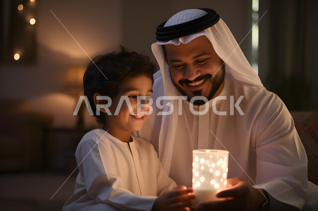مفهوم التربية بالحب، اوقات سعيده ومسليه مع الابناء، اب عربي خليجي اماراتي مبتسم يرتدي الغترة والزي التقليدي يجلس مع طفله حول مصباح ليلي ابيض مضيء، ايماءات الفرح والانسجام، أجواء اسرية هادئة في المنزل