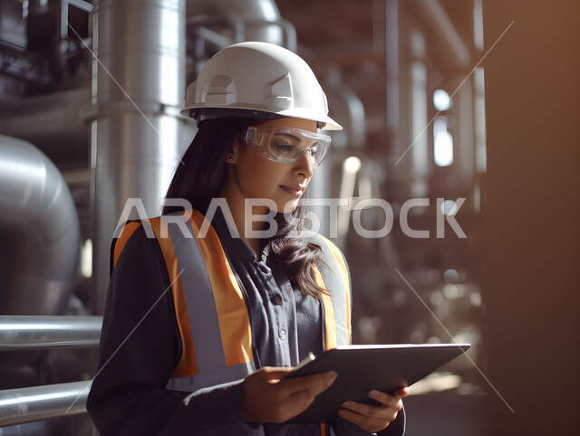 إدارة آلات ومعدات المعمل والتحكم بهم باستخدام التقنية والتكنولوجيا, مهندسة صناعية عربية خليجية سعودية ترتدي سترة الحماية ونظارات وخوذة السلامة تحمل بيدها جهاز التابلت، التطور والتحول التقني الحديث، مهن ووظائف نسائية سعودية، خلفية المصنع.