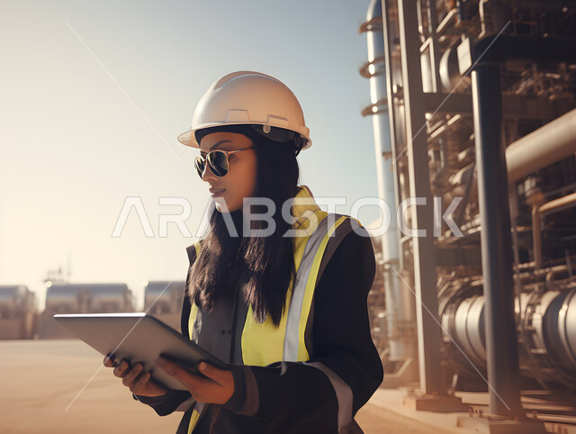 إدارة آلات ومعدات المعمل والتحكم بهم باستخدام التقنية والتكنولوجيا, مهندسة صناعية عربية خليجية سعودية ترتدي السترة وخوذة الحماية البيضاء تحمل بيدها جهاز التابلت، التطور والتحول التقني الحديث، مهن ووظائف نسائية سعودية، خلفية المصنع.