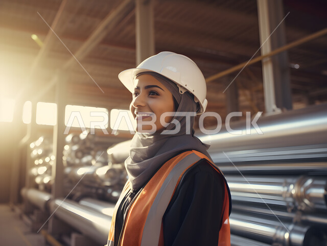 Saudi women’s professions and jobs, supervising and following up on the workflow mechanism of equipment and machinery inside the factory, a close-up of a smiling Saudi Arabian Gulf industrial engineer wearing a hijab, a work jacket and a white protective 