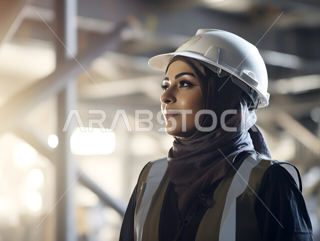 مهن ووظائف نسائية سعودية، الاشراف والمتابعة على آلية سير عمل المعدات والآلات داخل المعمل، صورة مقربة لمهندسة صناعية عربية خليجية سعودية مبتسمة ترتدي الحجاب وسترة العمل وخوذة الحماية البيضاء تنظر الى شيء ما، ايماءات السعادة بنجاح خطة العمل، خلفية المصنع