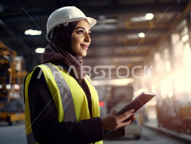 متابعة عمل آلات ومعدات المعمل والتحكم بهم باستخدام التقنية والتكنولوجيا, مهندسة صناعية عربية خليجية سعودية محجبة ترتدي السترة وخوذة الحماية البيضاء تحمل بيدها جهاز التابلت، التطور والتحول التقني الحديث، مهن ووظائف نسائية سعودية، خلفية المصنع.