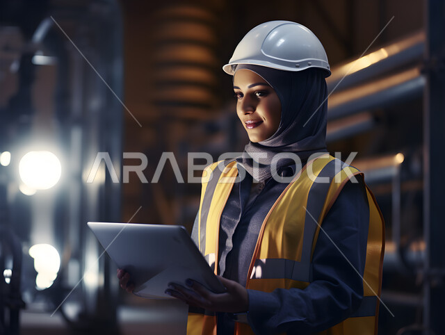التطور والتحول التقني الحديث، متابعة عمل آلات ومعدات المعمل والتحكم بهم باستخدام التقنية والتكنولوجيا, مهندسة مصانع عربية خليجية سعودية محجبة ترتدي السترة وخوذة الحماية البيضاء تحمل بيدها جهاز التابلت، مهن ووظائف نسائية سعودية، خلفية المصنع.