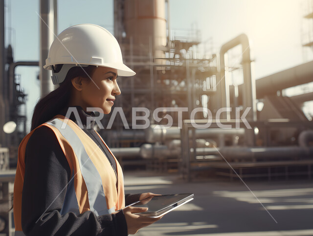 التحول والتطور التقني الحديث، متابعة عمل آلات ومعدات المعمل والتحكم بهم باستخدام التقنية والتكنولوجيا, مهندسة مصانع عربية خليجية سعودية ترتدي السترة وخوذة الحماية البيضاء تحمل بيدها جهاز التابلت، مهن ووظائف نسائية سعودية، خلفية المصنع.