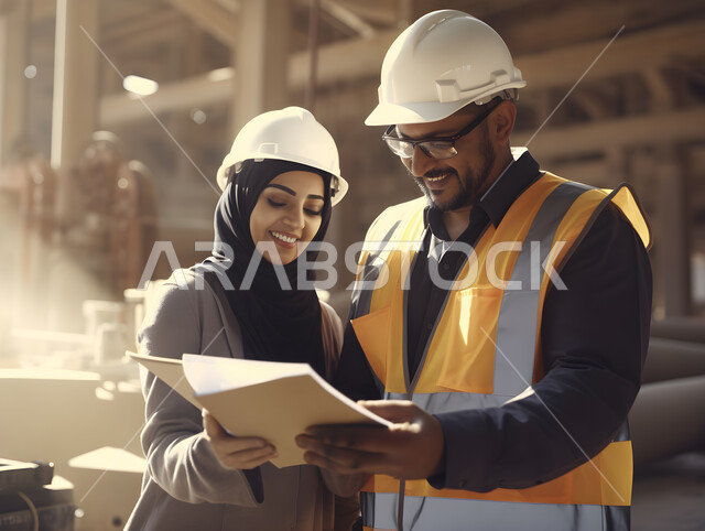 ايماءات السعادة لإنجاز العمل بكفاءة، مفهوم المساواة بين الرجل والمرأة، مهندسان مصانع عربيان خليجيان سعوديان مبتسمان يرتديان سترة وخوذة الحماية يقومان بالتعاون ومتابعة الاعمال باستخدام جهاز التابلت، اعتماد التقنيات والتكنولوجيا في الهندسة, خلفية المعمل.