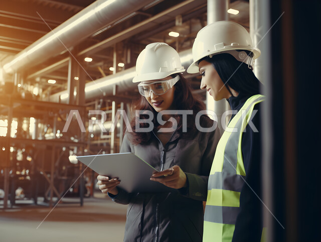 التحاور والنقاش وتبادل الافكار بشؤون العمل،ادخال المرأة بمجال الهندسة الصناعية، مهندستان مصانع عربيتان خليجيتان سعوديتان ترتديان سترة وخوذة الحماية تقومان بمتابعة الاعمال باستخدام جهاز التابلت، اعتماد التقنيات والتكنولوجيا في الهندسة, خلفية المعمل.