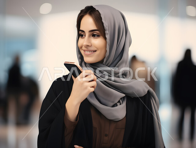 الدردشة والتحدث مع الاقارب، إمرأة عربية خليجية سعودية مبتسمة ترتدي الحجاب تقوم بتسجيل مقطع صوتي بإستخدام الهاتف المحمول، قضاء وقت الفراغ بالتواصل مع الصديقات، التجول في إحدى المناطق العامة