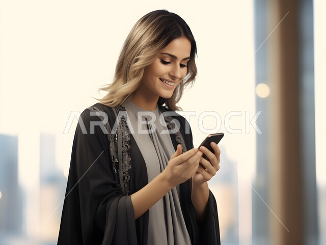 قضاء وقت الفراغ بالتواصل مع الصديقات، الدردشة والتحدث مع الاقارب، إمرأة عربية خليجية سعودية مبتسمة تقوم بتصفح مواقع التواصل الاجتماعي عبر الهاتف المحمول، التجول في إحدى المناطق العامة