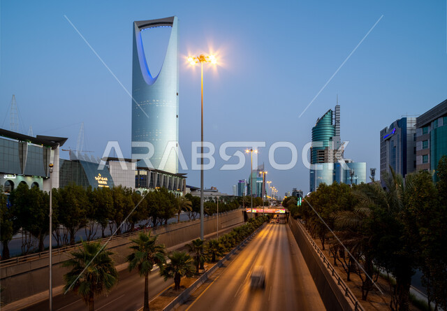 Tigers and the urban development of the Kingdom Tower in the Kingdom of Saudi Arabia, trees and green plants on the sides of the roads and streets of Riyadh, the architectural art of the towers and skyscrapers, the famous landmarks of Riyadh