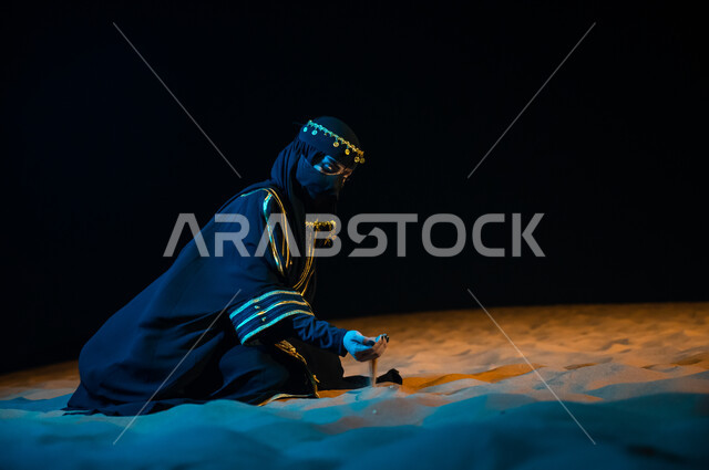 Pride in origins and roots, the background of soft sandy nature, the establishment of the first Saudi state in 1727 AD, the anniversary of the Saudi founding day on February 22, a close-up of a veiled Saudi woman wearing the Saudi abaya and burqa holding 