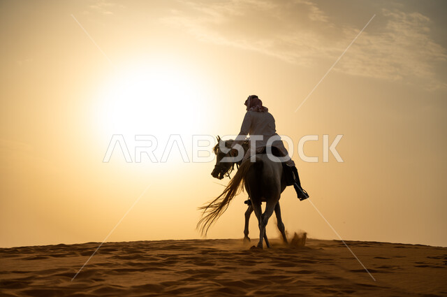 Adoration and love for the purebred Saudi horse, following the traditions of the ancestors by caring for and raising horses and caring for them, a Saudi Arab Gulf man wearing a shemagh and traditional dress riding his horse at sunset, wandering in the des