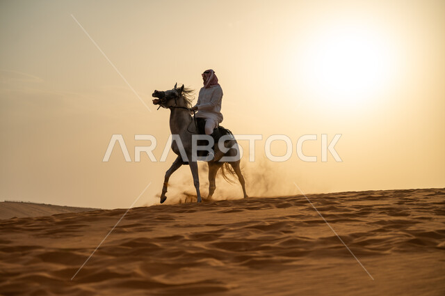 نشاطات وفعاليات ركوب الأحصنة في الصحراء، التجول في الطبيعة الصحراوية على ظهر الحصان، عشق  وحب الخيل السعودي الأصيل، اتباع تقاليد الأجداد برعاية وتربية الجياد والاهتمام بها، خيال عربي خليجي سعودي يرتدي الشماغ والزي التقليدي يمتطي فرسه وقت غروب الشمس.