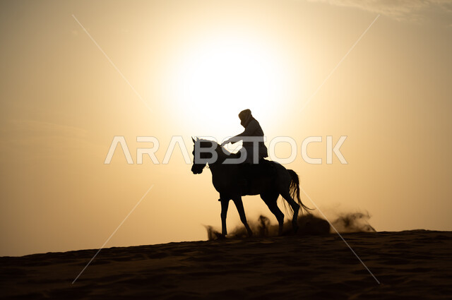 شغف الفروسية وهواية ركوب الخيل، علاقة أبناء الوطن بالخيل السعودي الأصيل، صورة ظلية لرجل عربي خليجي سعودي يرتدي الشماغ والزي التقليدي يمتطي فرس وقت غروب الشمس، التجول في الطبيعة الصحراوية على ظهر الحصان، اتباع تقاليد الأجداد برعاية وتربية الجياد، سيلويت