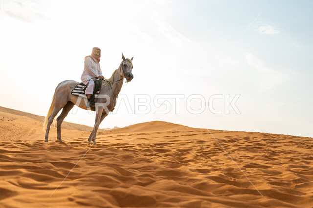 ممارسة هواية ركوب الخيل، رجل عربي خليجي سعودي يرتدي الشماغ والزي التقليدي يركب على حصانه الابيض وسط الطبيعه الصحراوية وضح النهار، فعاليات امتطاء الأحصنة في الصحراء، شغف الفروسية وحب الجواد السعودي الاصيل، اتباع تقاليد الأجداد برعاية وتربية الجياد