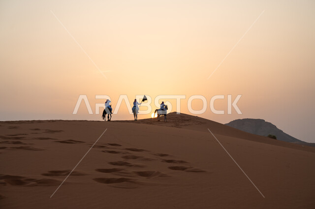 Activities and events riding horses in the desert, commemorating the Saudi National Day 8 Rabi’ al-Awwal, raising the flag to celebrate the Saudi Flag Day March 11, a group of Saudi Gulf Arab men riding around on horses at sunset, the love and passion of purebred Saudi horses.