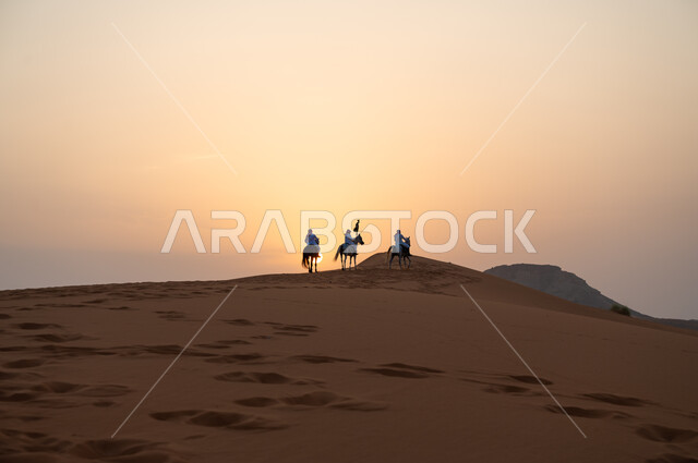 أنشطة وفعاليات ركوب الجياد في الصحراء، ذكرى اليوم الوطني السعودي 8 ربيع الأول، رفع الراية للاحتفال بيوم العلم السعودي 11 مارس، مجموعة رجال عرب خليجيون سعوديون يتجولون على ظهر الاحصنة وقت غروب الشمس، حب وعشق الخيل السعودي الأصيل.