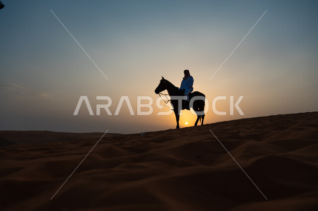 ممارسة هواية ركوب الخيل، صورة ظلية لرجل عربي خليجي سعودي يرتدي الزي التقليدي يركب على حصانه وسط الطبيعه الصحراوية وقت غروب الشمس، فعاليات امتطاء الأحصنة في الصحراء، شغف الفروسية وحب الجواد السعودي الاصيل، اتباع تقاليد الأجداد برعاية وتربية الجياد.