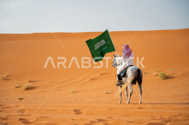 اليوم الوطني لتوحيد المملكة 8 ربيع الأول، شغف الفروسية وممارسة هواية ركوب الخيل، صورة من الخلف لرجل عربي خليجي سعودي يمتطي حصان عربي أصيل ويرفع علم السعودية، العيد الوطني السعودي , يوم العلم 11مارس، الفخر والتباهي بالإنتماء للمملكة، حب وعشق الفرس السعودي
