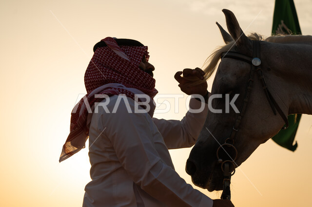 مشاركة الاحتفال باليوم الوطني السعودي 23 سبتمبر مع الخيول العربية، الاعتناء و رعاية الفرس وقت غروب الشمس في الصحراء، فارس عربي خليجي سعودي يرتدي الشماغ والزي التقليدي يمسك بحصان عربي أصيل، ذكرى يوم العلم 11 مارس، العيد الوطني لتوحيد البلاد 8 ربيع الأول