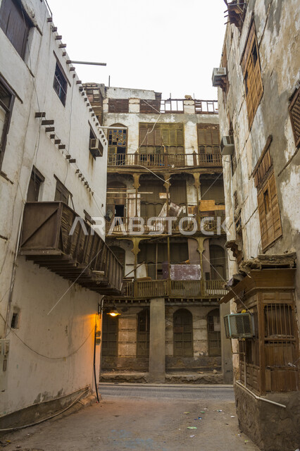 The ancient streets and ancient buildings in the historical city of Jeddah, the ancient Arab architectural design of the buildings and streets, tourist places and historical heritage monuments in the Kingdom of Saudi Arabia.