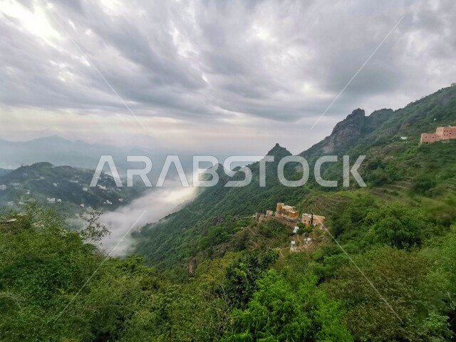 Natural vegetation on mountain peaks and heights, cloudy sky and white clouds over the Fifa Mountains, green agricultural terraces in Jizan in the Kingdom of Saudi Arabia, natural places and tourist attractions in Saudi Arabia, nature background