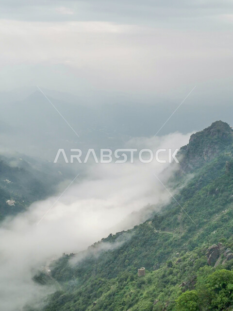 السماء المليئة بالغيوم والسحب البيضاء فوق جبال فيفاء، النباتات الطبيعية على القمم والمرتفعات الجبلية، المدرجات الزراعية الخضراء في جازان في المملكة العربية السعودية, اماكن ومعالم سياحية طبيعيه في السعودية، خلفية الطبيعة
