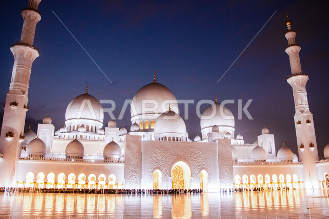 Famous sacred Islamic places and landmarks, Sheikh Zayed bin Sultan Al Nahyan Mosque in the Emirate of Abu Dhabi in the United Arab Emirates, night time, Islamic architectural art, Islamism and worship, drawing closer to God, an Islamic background