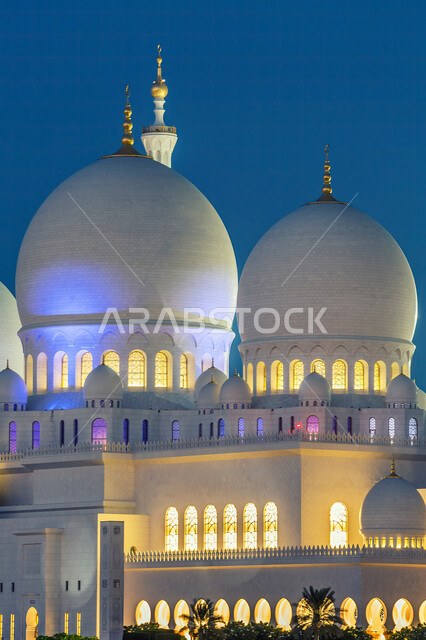 الفن الهندسي المعماري للمنشاءات والمباني الدينية في الإمارات، تصوير مقرب لمسجد الشيخ زايد الكبير في مدينة أبو ظبي، أضواء وانوار وقباب جامع الشيخ زايد ليلا، معالم وأماكن اسلامية في الإمارات