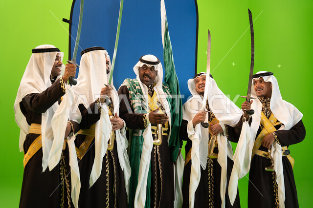 Singing and reciting passionate poems and Saudi poetry, popular festivals, dancing with swords and chants on national occasions and holidays, wearing Najdi Ardha costumes, commemorating the Saudi National Day on September 23, celebrating Flag Day on March