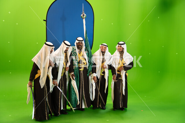 Celebrating Saudi Flag Day, March 11, founding of the first Saudi state in 1727 AD, Najdi Ardha band, songs, and folk dance, wearing the popular Dhaqla and Ghutra, Saudi traditional folklore arts and performances, full-length body portrait, green and blue