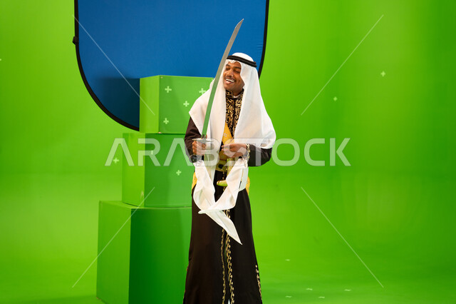 ايماءات السرور و الضحك، الرقص الشعبي في المناسبات الوطنيه والاعياد، استخدام السيف بحركات منتظمه في العرضة السعوديه ،ذكرى اليوم الوطني السعودي في 23 سبتمبر، الغناء والقاء القصائد الحماسيه والشعر السعودي، خلفية خضراء وزرقاء، كروما