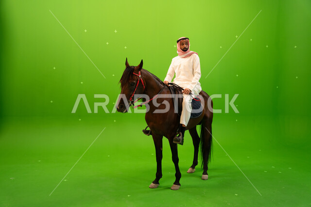 اتباع تقاليد الاجداد برعاية وتربية الجياد والاهتمام بها، بورتريه لرجل عربي خليجي سعودي يرتدي الثوب التقليدي والشماغ يمتطي خيل بني عربي أصيل، حب وعشق الاحصنة، ممارسة هواية ركوب الخيل وشغف الفروسية، خلفية خضراء، كروما