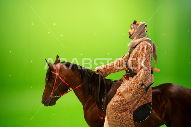 The anniversary of the Founding Day on February 22, the celebration of the founding of the Kingdom of Saudi Arabia in 1727, the founder of the first Saudi state, Imam Muhammad bin Saud, a close-up portrait of a Saudi Arabian Gulf knight wearing a ghutra a