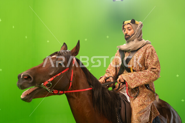 The anniversary of the Founding Day on February 22, the celebration of the founding of the Kingdom of Saudi Arabia in 1727, the founder of the first Saudi state, Imam Muhammad bin Saud, a close-up portrait of a Saudi Arabian Gulf knight wearing a ghutra a