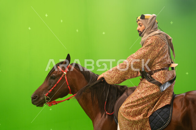 Celebrating the founding of the Kingdom of Saudi Arabia in 1727, the anniversary of the founding day on February 22, the founder of the first Saudi state, Imam Muhammad bin Saud, a close-up portrait of a Saudi Arabian Gulf horseman wearing a ghutra and da