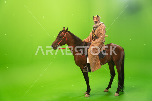 The founding of the Kingdom of Saudi Arabia in 1727, the celebration of the Saudi Foundation Day on February 22, the founder of the first Saudi state, Imam Muhammad bin Saud, a portrait of a Saudi Arabian Gulf knight wearing a ghutra and dakhla, riding a 