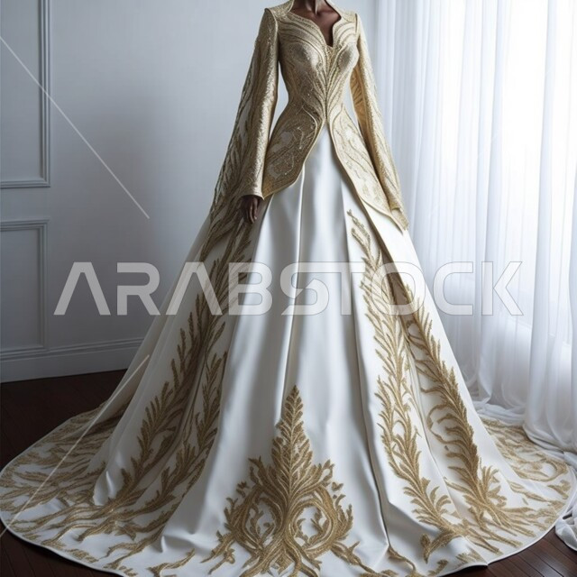 فستان زفاف ابيض مطرز باللون الذهبي، بدلة زواج أنيقة للعروس بتصاميم عصرية فاخرة، أزياء وإكسسوارات وفساتين للأفراح والأعراس، الموضة والاناقة والجمال