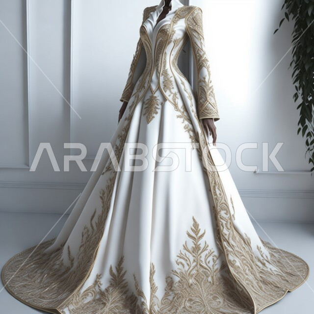 بدلة زواج أنيقة للعروس بتصاميم عصرية فاخرة، فستان زفاف ابيض مطرز باللون الذهبي، أزياء وإكسسوارات وفساتين للأفراح والأعراس، الموضة والاناقة والجمال