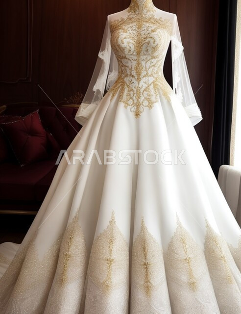 green emerald velvet dress Gold Lace Beaded V-Neck Long Sleeves Ball Gown Wedding Dresses with Chapel  Train, MW154