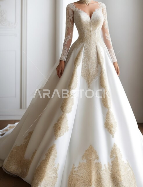 An elegant wedding suit for the bride with luxurious modern designs, fashion, accessories and dresses for weddings and weddings, a white wedding dress embroidered with gold, fashion, elegance and beauty