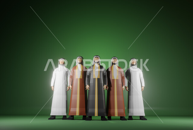 الأعياد والمناسبات الوطنية, رسوم ثلاثية الأبعاد لمواطنين عرب خليجيين سعوديين يرتدون أزياء يوم التأسيس, يوم التأسيس السعودي 22 فبراير, ذكرى توحيد واستقلال المملكة العربية السعودية الأولى 1727م، خلفية ضبابية