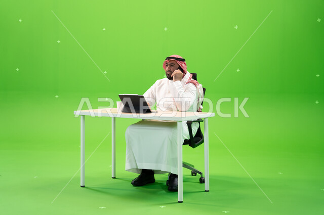 إجراء مكالمة هاتفية عبر الهاتف المحمول, بورتريه لموظف عربي سعودي خليجي يرتدي الثوب السعودي التقليدي والشماغ يقوم بالعمل داخل مكتبه, استخدام جهاز التابليت لإنجاز مهام العمل, إدارة شؤون الأعمال وتنظيمها, خلفية خضراء, كروما.