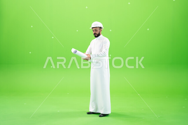 Construction and architectural plans, support and development of the engineering sector, developmental engineering projects, Saudi jobs and professions, portrait of a Saudi Gulf Arab engineer wearing a traditional dress and a protective hat standing at th