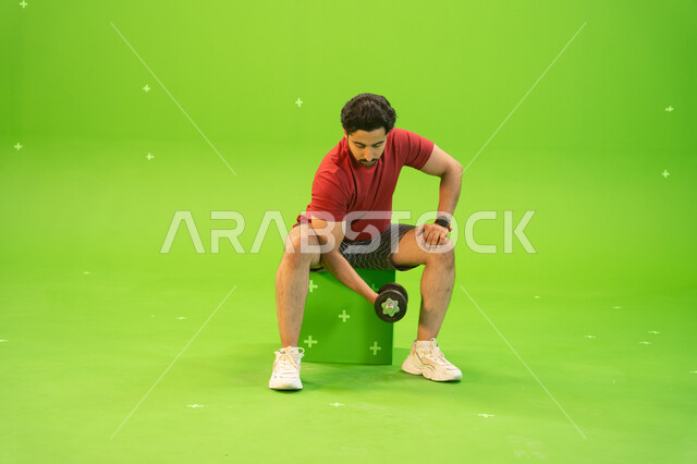 تمارين رفع الأثقال، القوة والتحدي والتحفيز لأسلوب حياة صحي، نشاط بدني للمحافظة على الصحة واللياقة الجسدية، رفع الأوزان الحديدية الثقيلة، تقوية عضلات الجسم وبناؤها، بورتريه لشاب عربي خليجي سعودي يمارس التمارين الرياضية مع الدمبلز، خلفية خضراء، كروما.