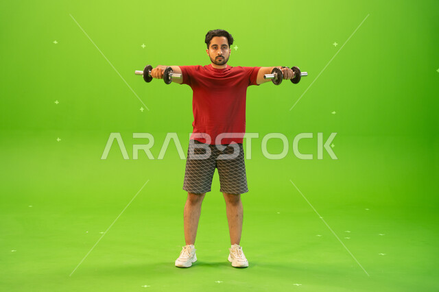 Bodybuilding, strengthening and building muscles, weight lifting exercises, a healthy lifestyle, a portrait of a young Saudi Gulf Arab man exercising with dumbbells, physical activity to maintain health and physical fitness, lifting heavy iron weights, gr
