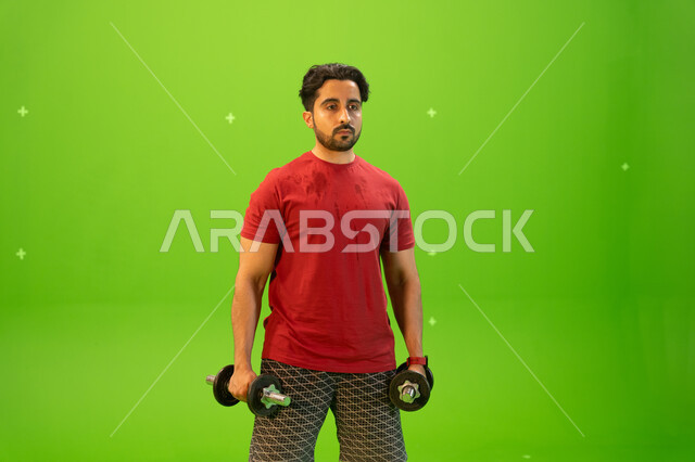 تمرين رفع الأثقال، القوة والتحدي والتحفيز لأسلوب حياة صحي، نشاط بدني للمحافظة على الصحة واللياقة الجسدية، رفع الأوزان الحديدية الثقيلة، تقوية عضلات الجسم وبناؤها، بورتريه مقرب لشاب عربي خليجي سعودي يمارس التمارين الرياضية مع الدمبلز، خلفية خضراء، كروما.