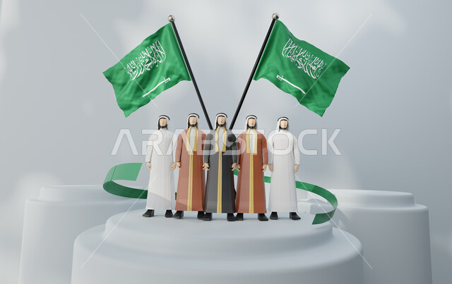 مناسبات وأعياد وطنية, رسوم ثلاثية الأبعاد لمواطنين عرب خليجين سعوديين, ارتداء الزي التقليدي, الوقوف أمام يوم العلم في يوم العلم 11 مارس, ذكرى اليوم الوطني 23 سبتمبر, خلفية بيضاء