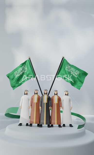 أعياد ومناسبات وطنية, رسوم ثلاثية الأبعاد لمواطنين عرب خليجين سعوديين, ارتداء الزي التقليدي, الوقوف أمام يوم العلم في يوم العلم 11 مارس, ذكرى اليوم الوطني 23 سبتمبر, خلفية ضبابية