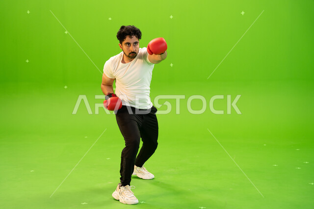 Combat and self-defense sports, physical activity to maintain health and physical fitness, a Saudi Arabian Gulf boxer wearing boxing gloves training in combat movements, the Saudi national boxing and wrestling team, full-length body image, green backgroun