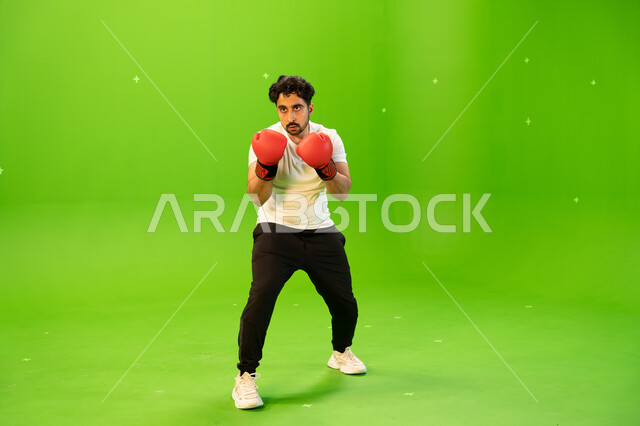 التدرب على حركات قتالية، ملاكم عربي خليجي سعودي يرتدي قفازات الملاكمة يمارس رياضة الدفاع عن النفس، المنتخب الوطني السعودي للملاكمة والمصارعة، نشاط بدني للحفاظ على الصحة واللياقة الجسدية، صورة الجسم بالطول الكامل، خلفية خضراء ،كروما